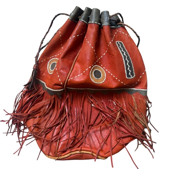Handmade Handbags - Vintage Handmade Leather Fringe Bucket Bag Orange Red Boho Drawstring